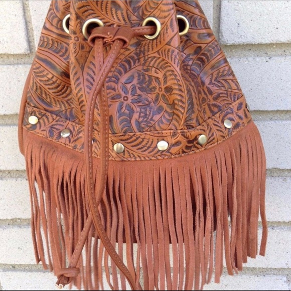 Street Level Handbags - STREET LEVEL BUCKET FRINGE FAUX LEATHER PURSE